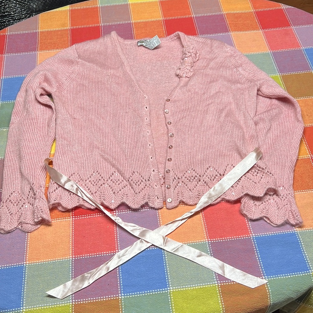 Vintage Pink Knit Sweater with 9 Button, 3 Accent Rose & Ribbon